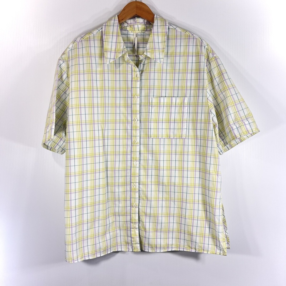 Anthropologie Oversized Boyfriend Pajama Top Sz M Plaid  Cotton Short Sleeve PJ
